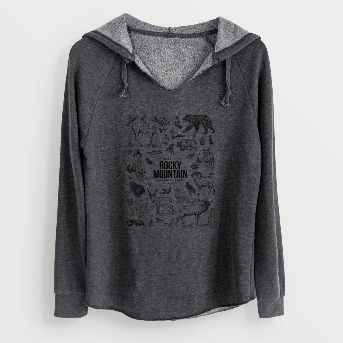 Charcoal grey women's Cali Wave hooded sweatshirt laid flat, printed with a collection of black ink wildlife illustrations surrounding the words Rocky Mountain National Park.