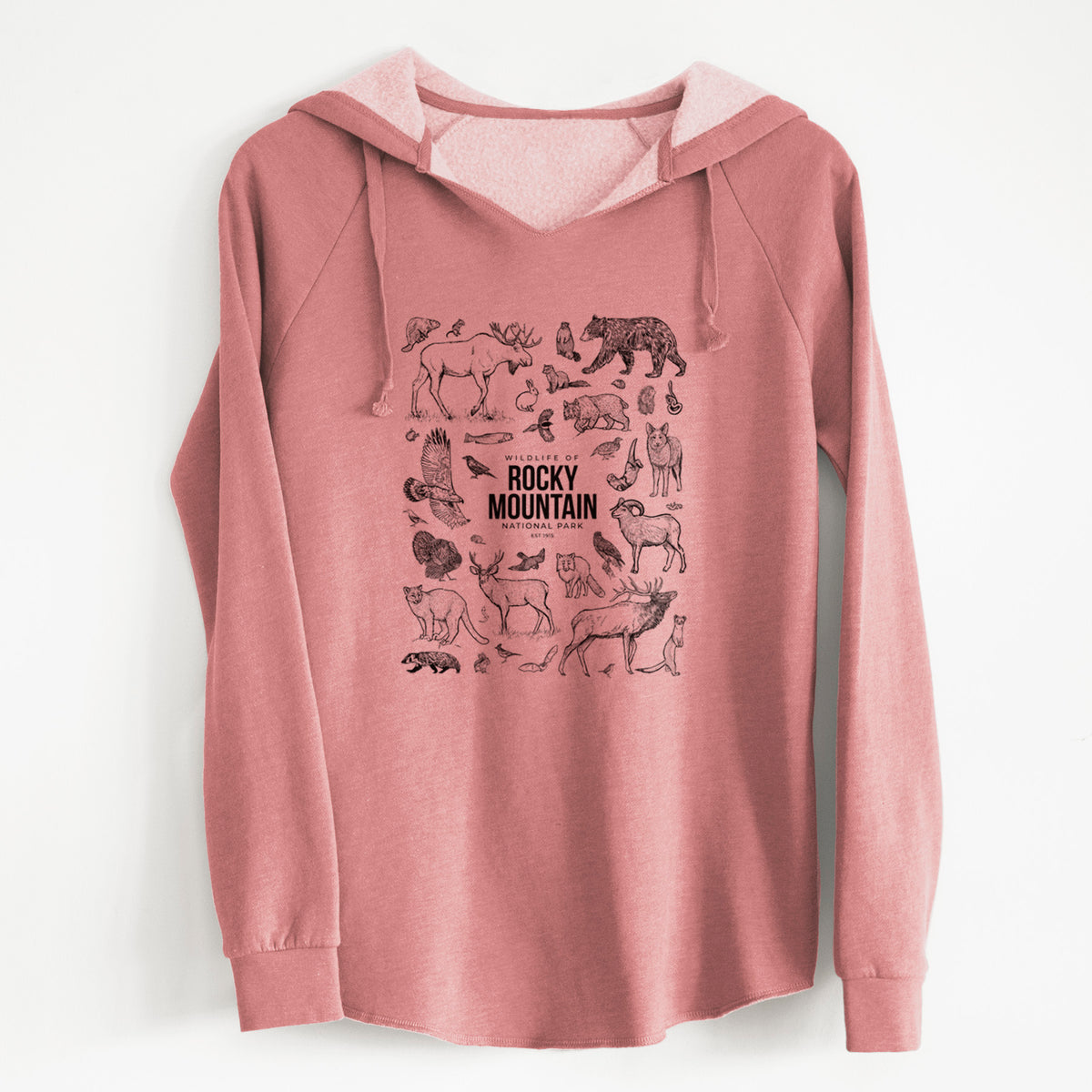 Dusty rose women's Cali Wave hooded sweatshirt laid flat, printed with a collection of black ink wildlife illustrations surrounding the words Rocky Mountain National Park.