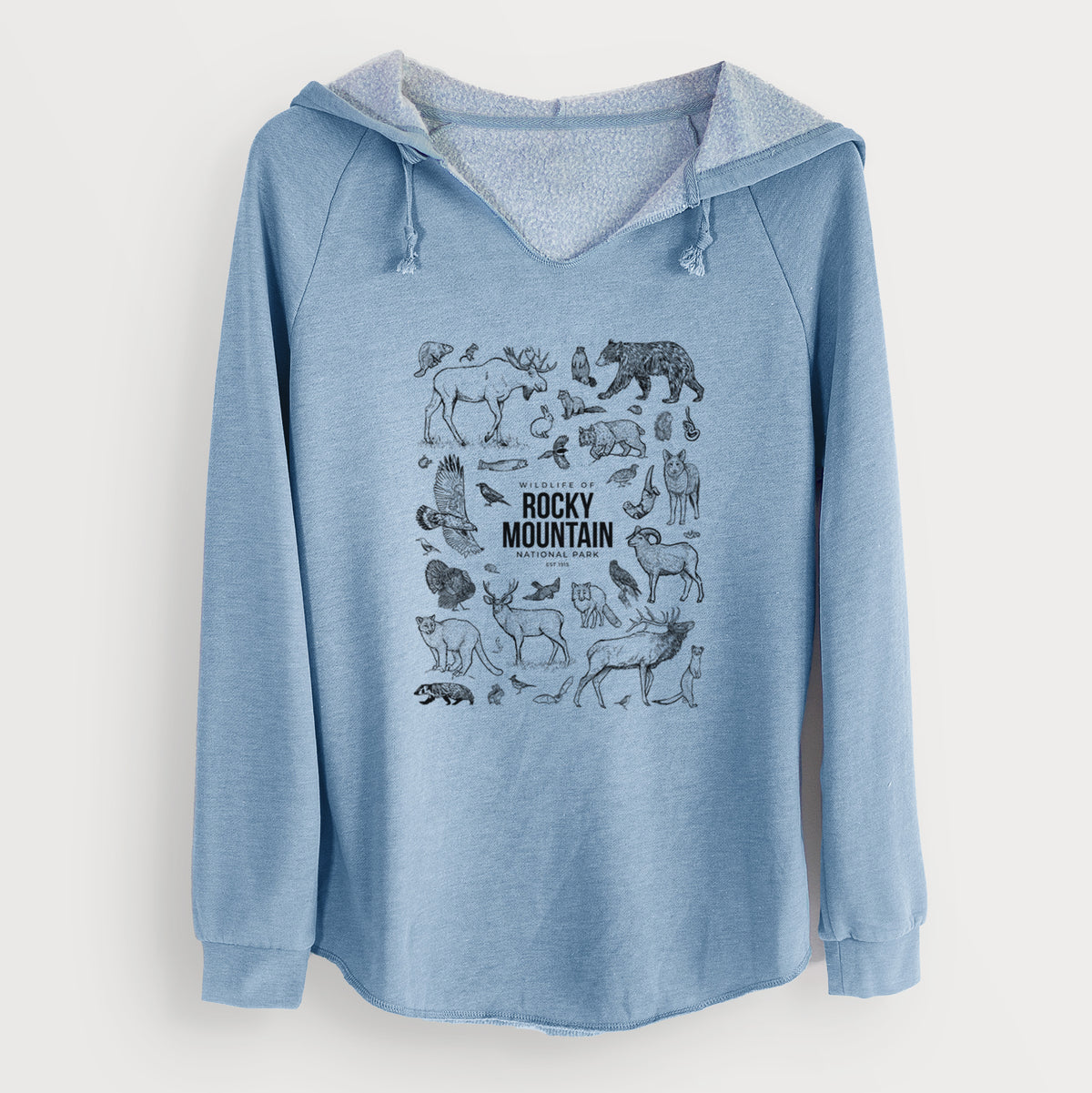 Misty blue women's Cali Wave hooded sweatshirt laid flat, printed with a collection of black ink wildlife illustrations surrounding the words Rocky Mountain National Park.