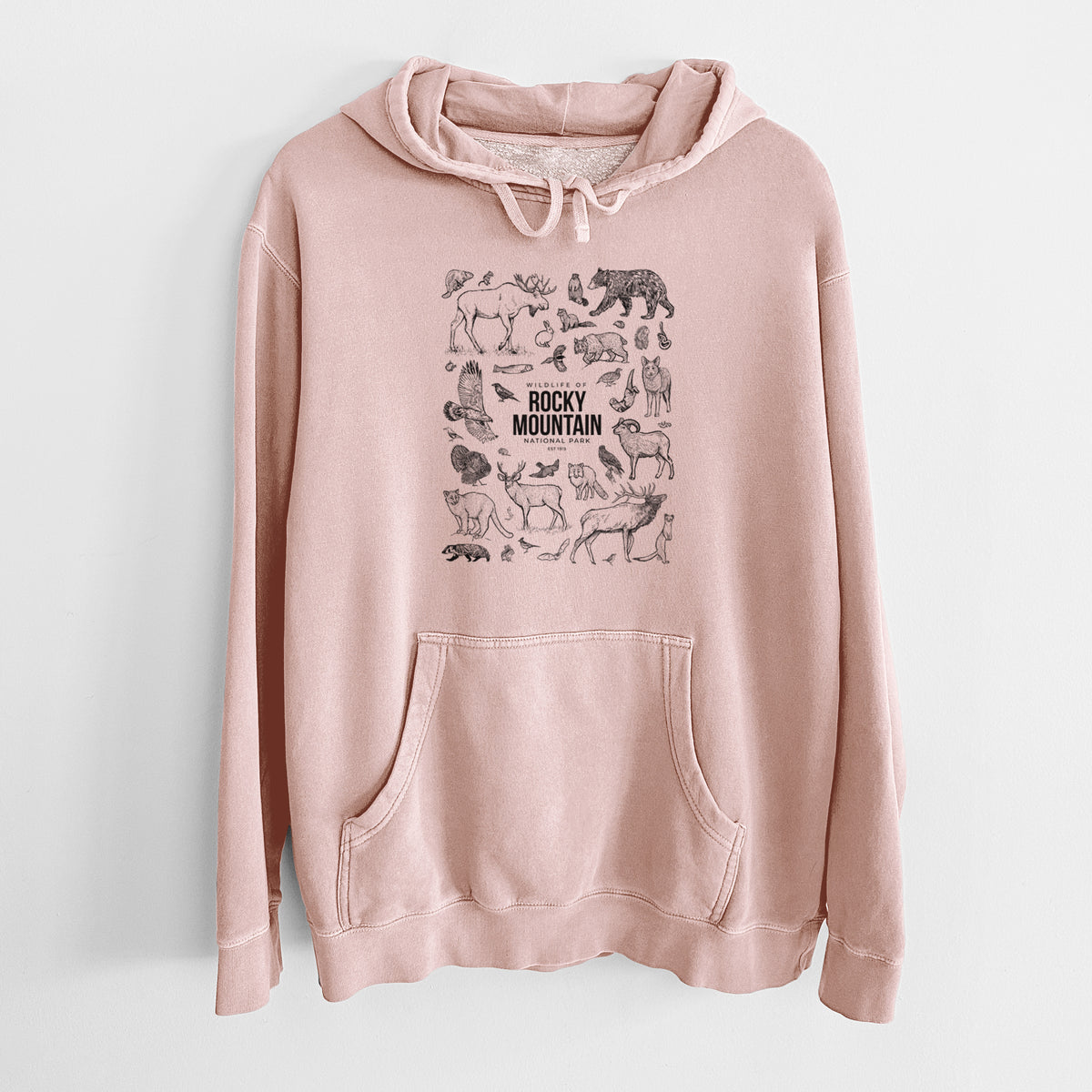 Dusty pink pigment dyed hoodie laid flat, printed with a collection of black ink wildlife illustrations surrounding the words Rocky Mountain National Park.