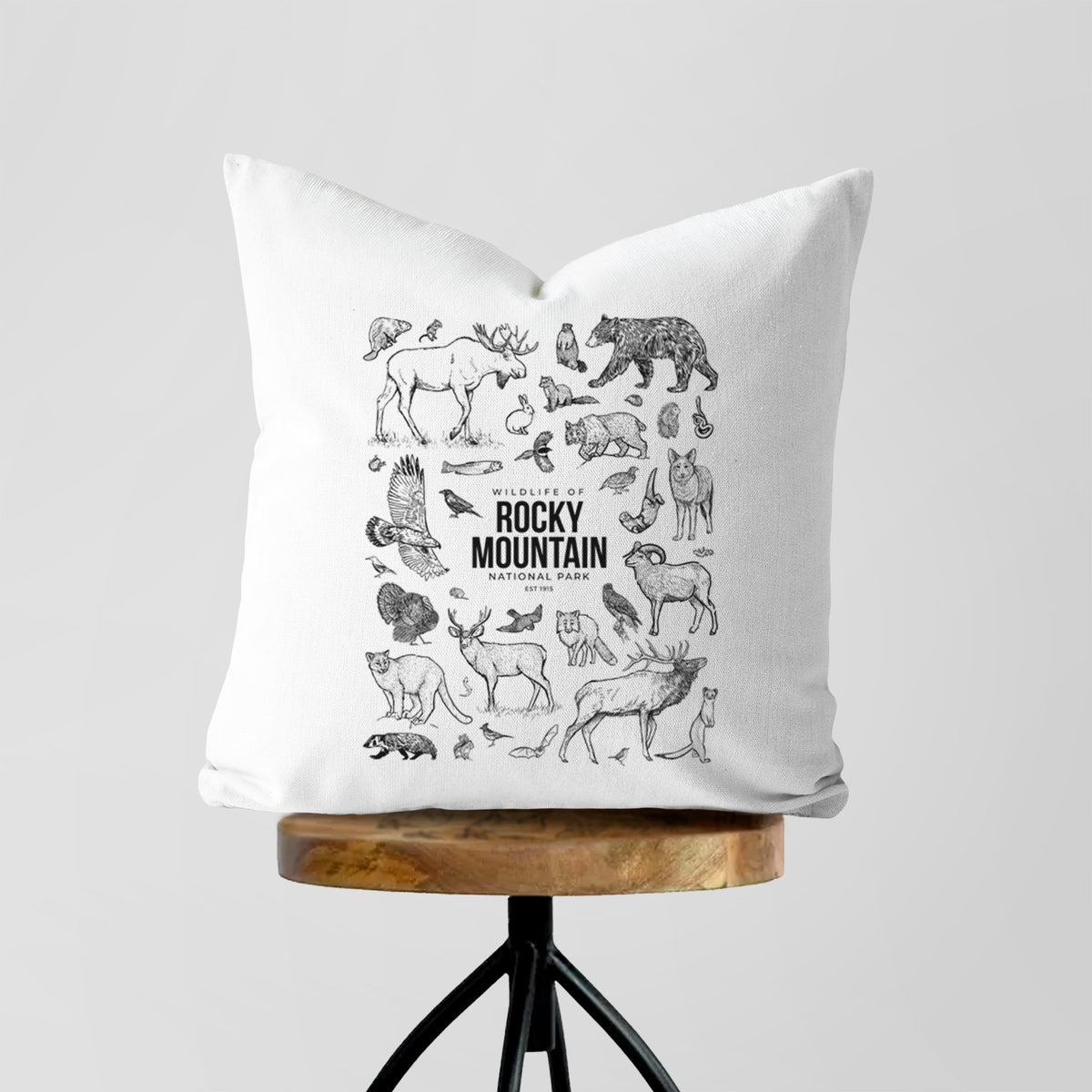White pillow cover printed with a collection of black ink wildlife illustrations surrounding the words Rocky Mountain National Park, on a wooden stool.