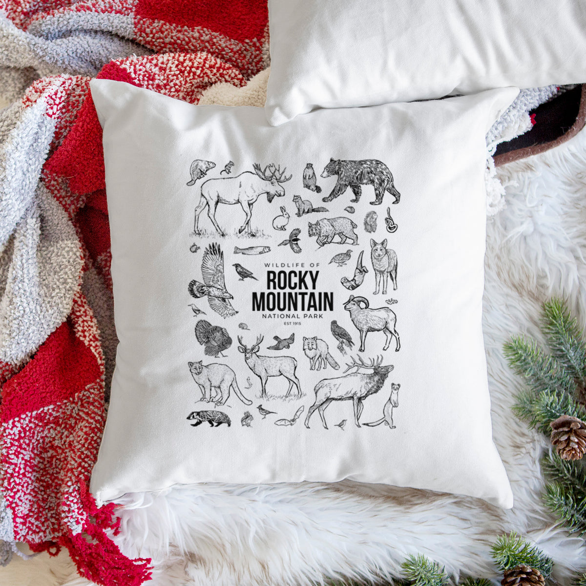 White pillow cover printed with a collection of black ink wildlife illustrations surrounding the words Rocky Mountain National Park, on a woven chair.
