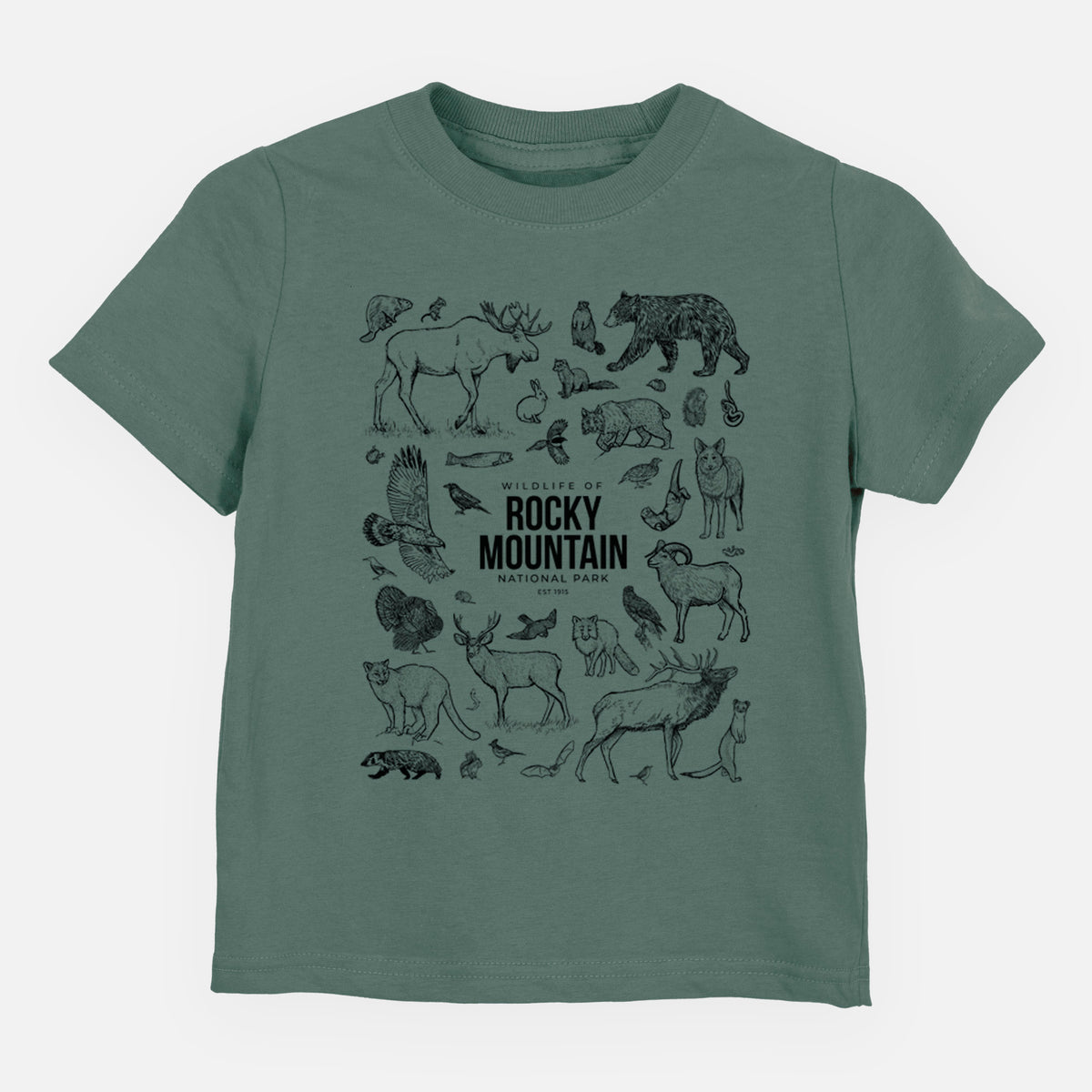 Basil green toddler t-shirt laid flat, printed with a collection of black ink wildlife illustrations surrounding the words Rocky Mountain National Park.