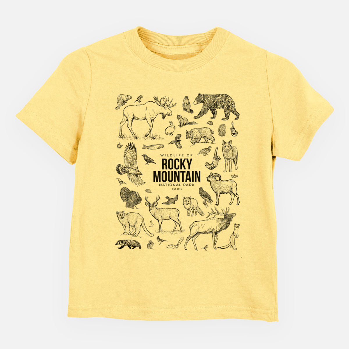 Butter yellow toddler t-shirt laid flat, printed with a collection of black ink wildlife illustrations surrounding the words Rocky Mountain National Park.