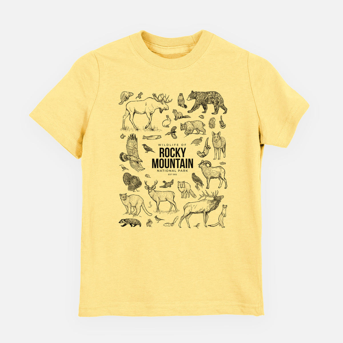 Butter yellow youth t-shirt laid flat, printed with a collection of black ink wildlife illustrations surrounding the words Rocky Mountain National Park.