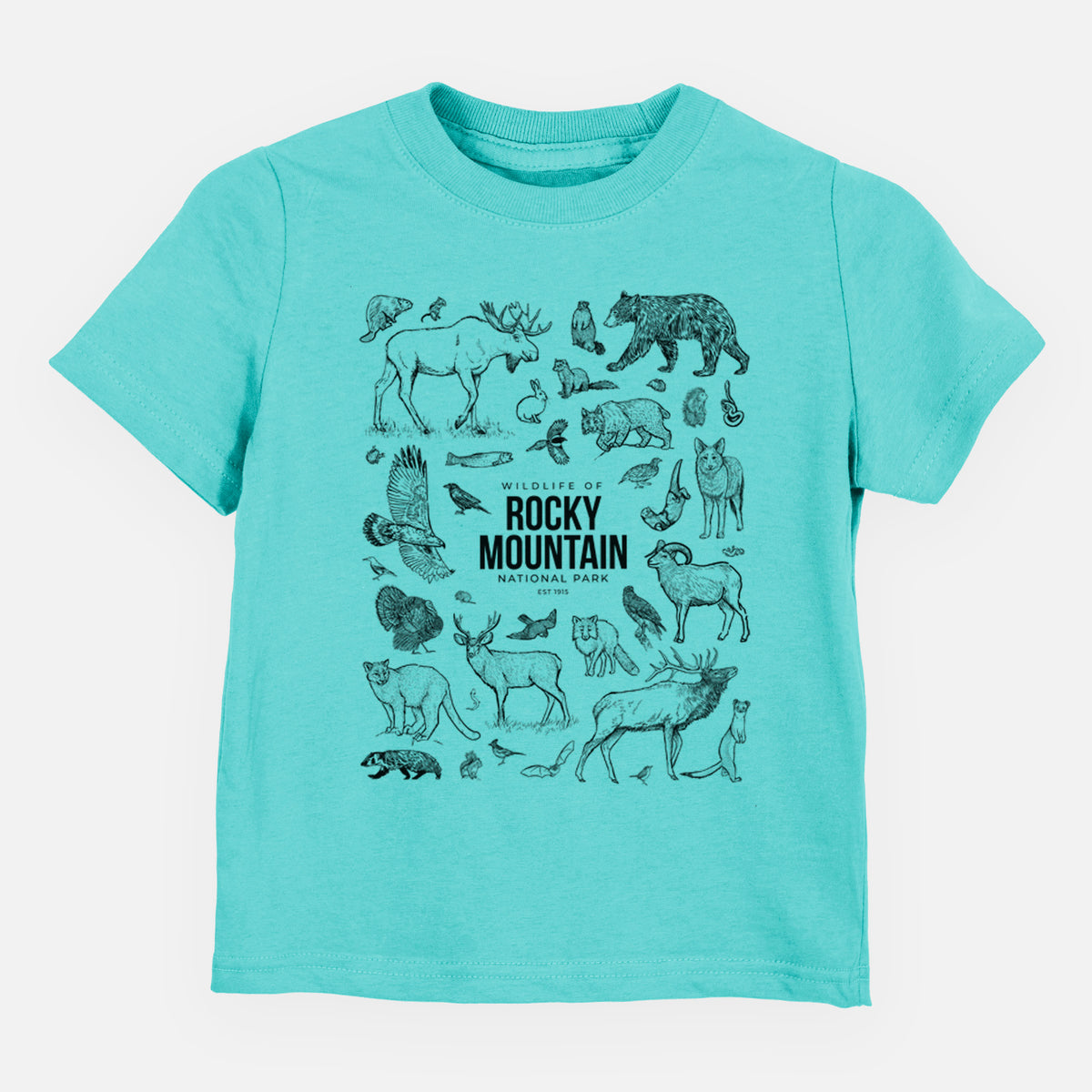 Caribbean blue toddler t-shirt laid flat, printed with a collection of black ink wildlife illustrations surrounding the words Rocky Mountain National Park.