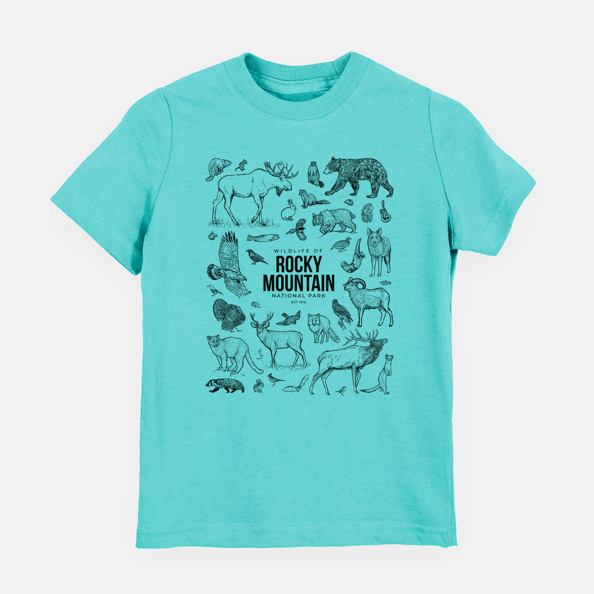 Caribbean blue youth t-shirt laid flat, printed with a collection of black ink wildlife illustrations surrounding the words Rocky Mountain National Park.