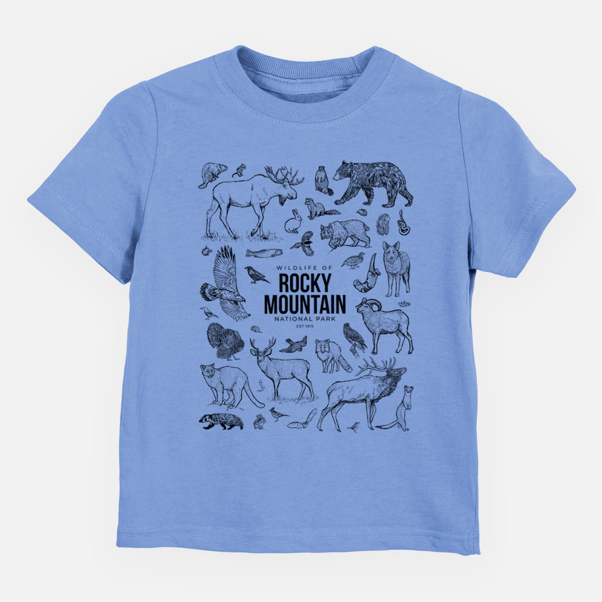 Carolina blue toddler t-shirt laid flat, printed with a collection of black ink wildlife illustrations surrounding the words Rocky Mountain National Park.