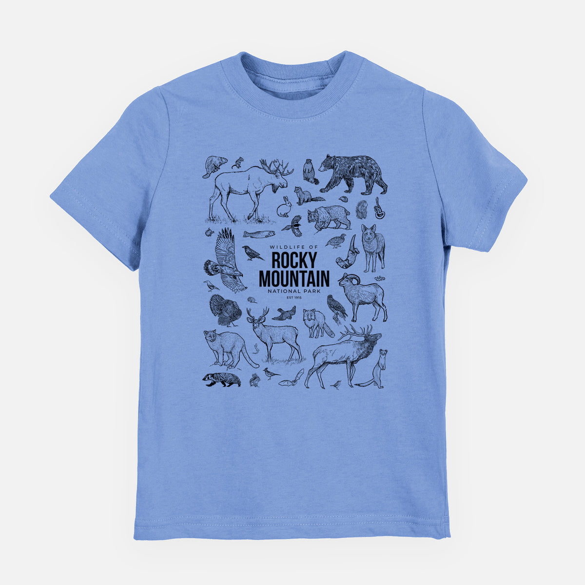 Carolina blue youth t-shirt laid flat, printed with a collection of black ink wildlife illustrations surrounding the words Rocky Mountain National Park.