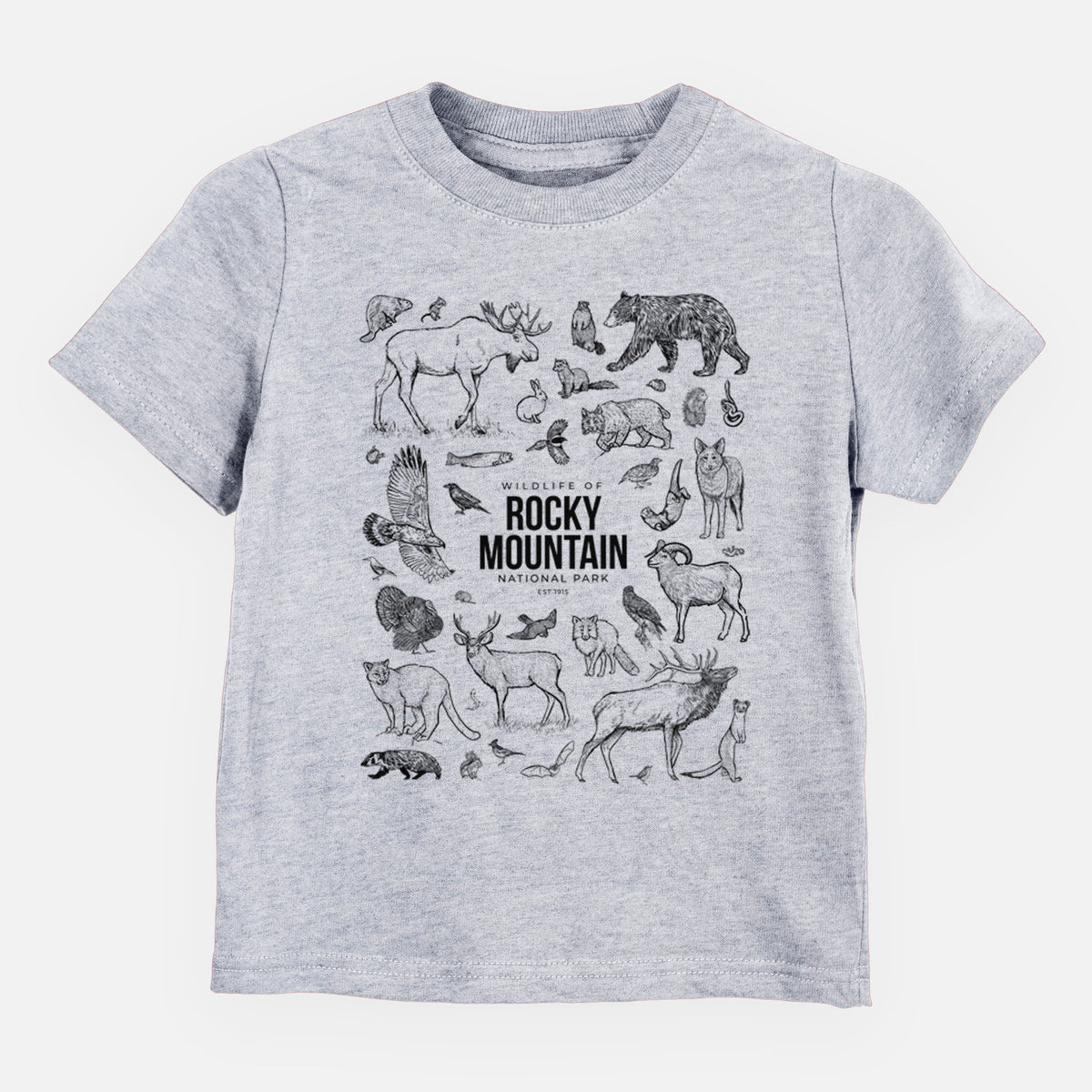 Heather grey toddler t-shirt laid flat, printed with a collection of black ink wildlife illustrations surrounding the words Rocky Mountain National Park.