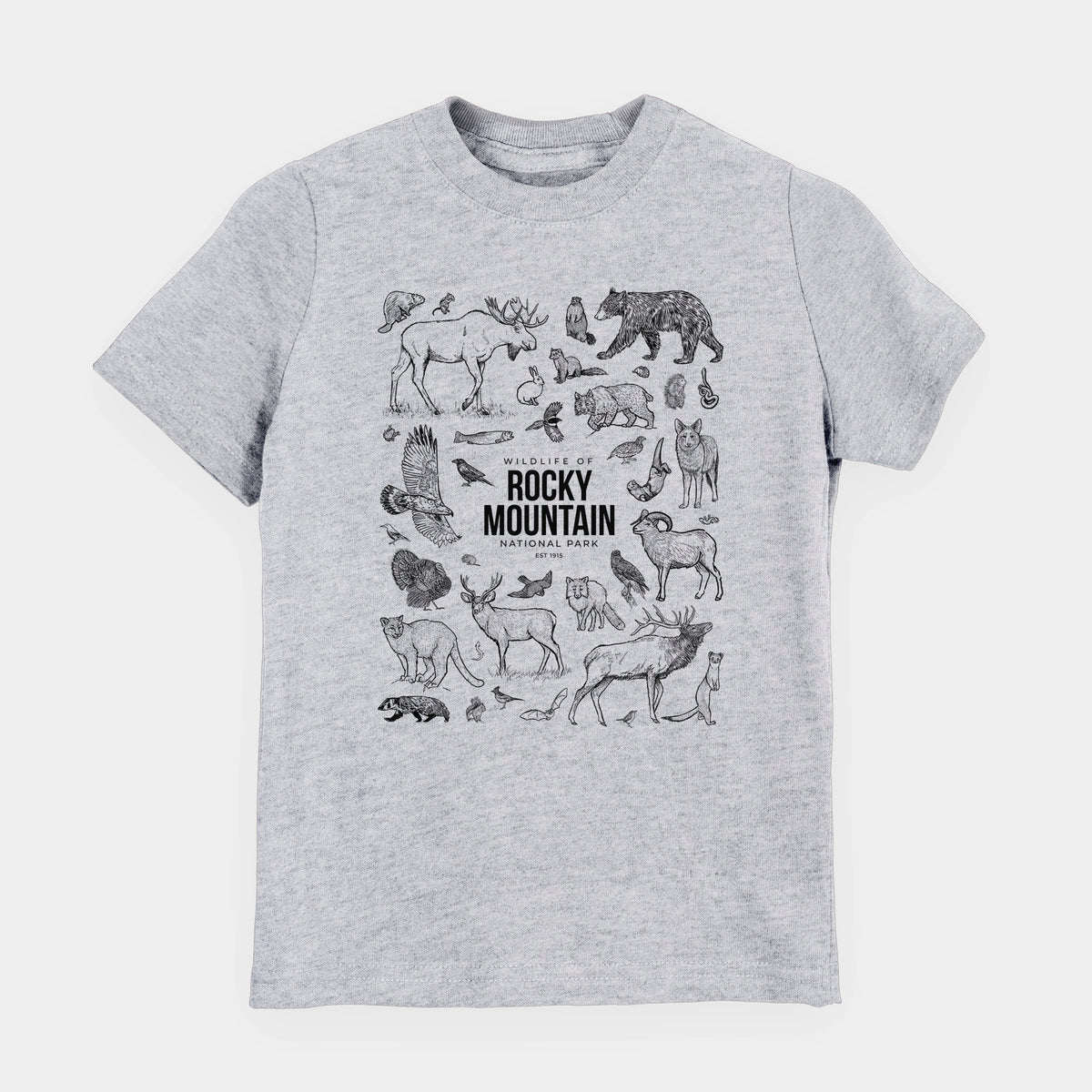 Heather grey youth t-shirt laid flat, printed with a collection of black ink wildlife illustrations surrounding the words Rocky Mountain National Park.