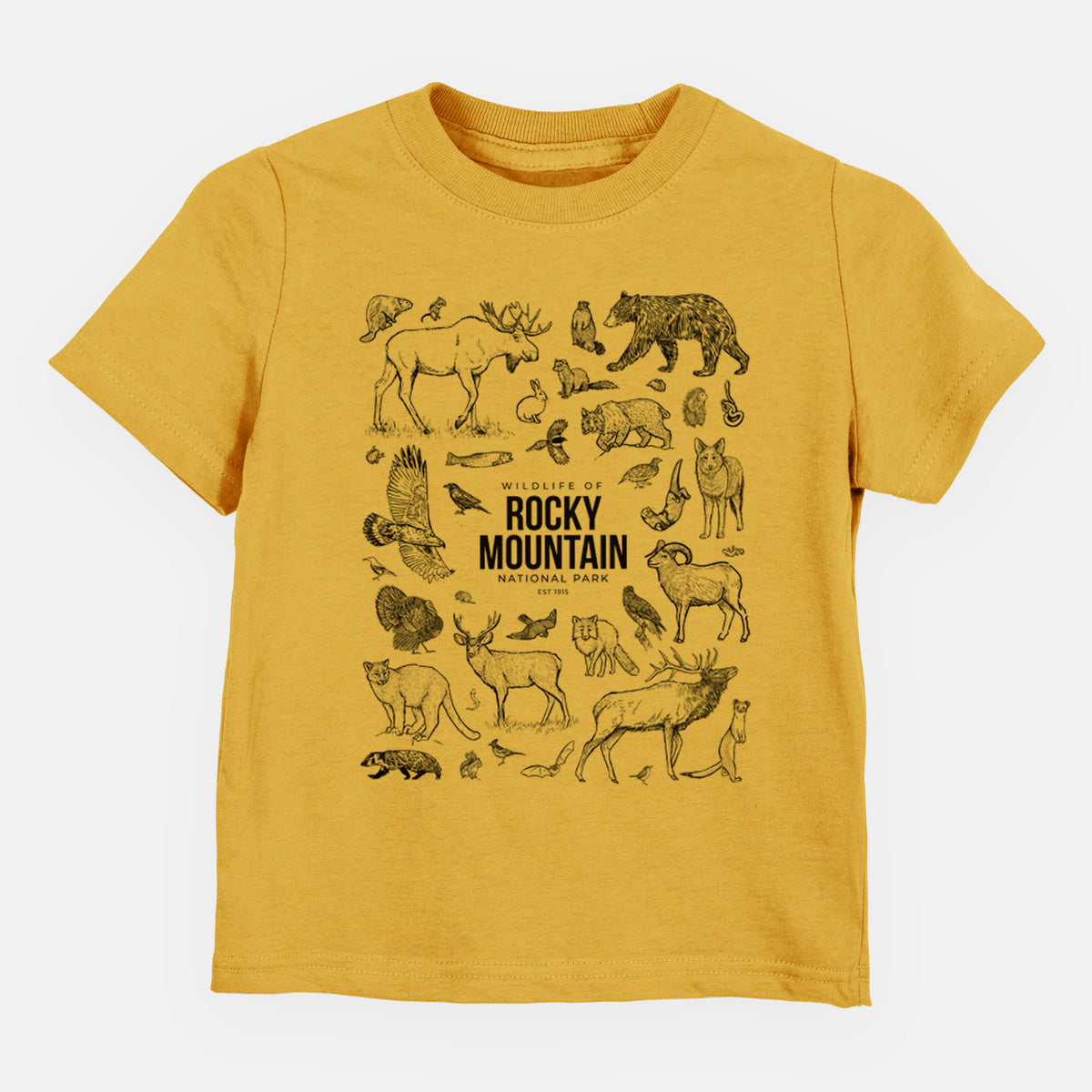 Honeycomb yellow toddler t-shirt laid flat, printed with a collection of black ink wildlife illustrations surrounding the words Rocky Mountain National Park.