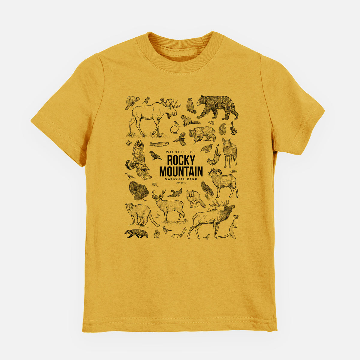Honeycomb yellow youth t-shirt laid flat, printed with a collection of black ink wildlife illustrations surrounding the words Rocky Mountain National Park.