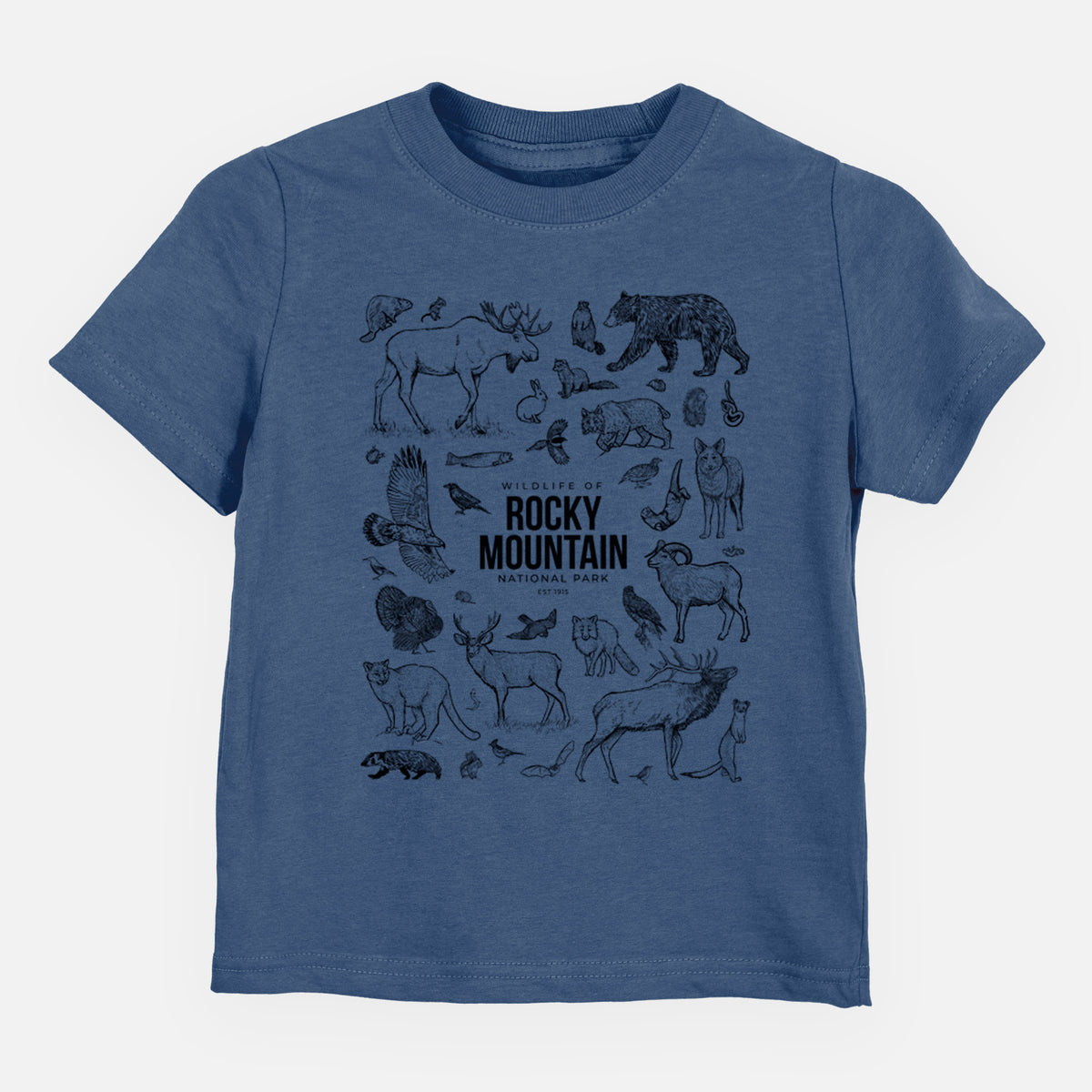 Indigo blue toddler t-shirt laid flat, printed with a collection of black ink wildlife illustrations surrounding the words Rocky Mountain National Park.