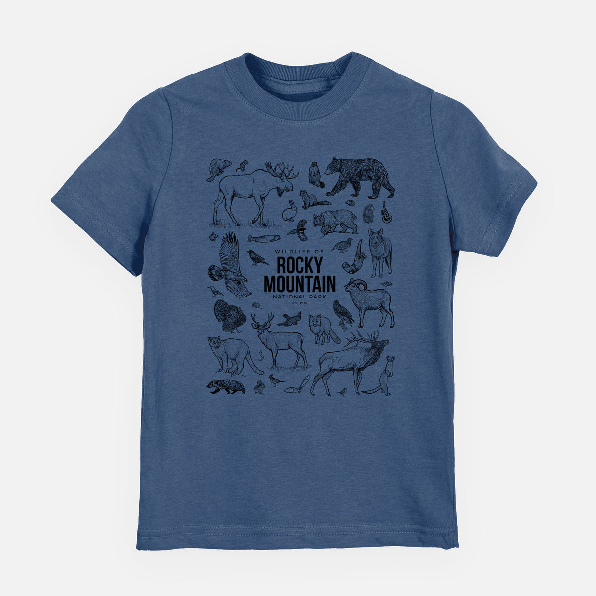 Indigo blue youth t-shirt laid flat, printed with a collection of black ink wildlife illustrations surrounding the words Rocky Mountain National Park.