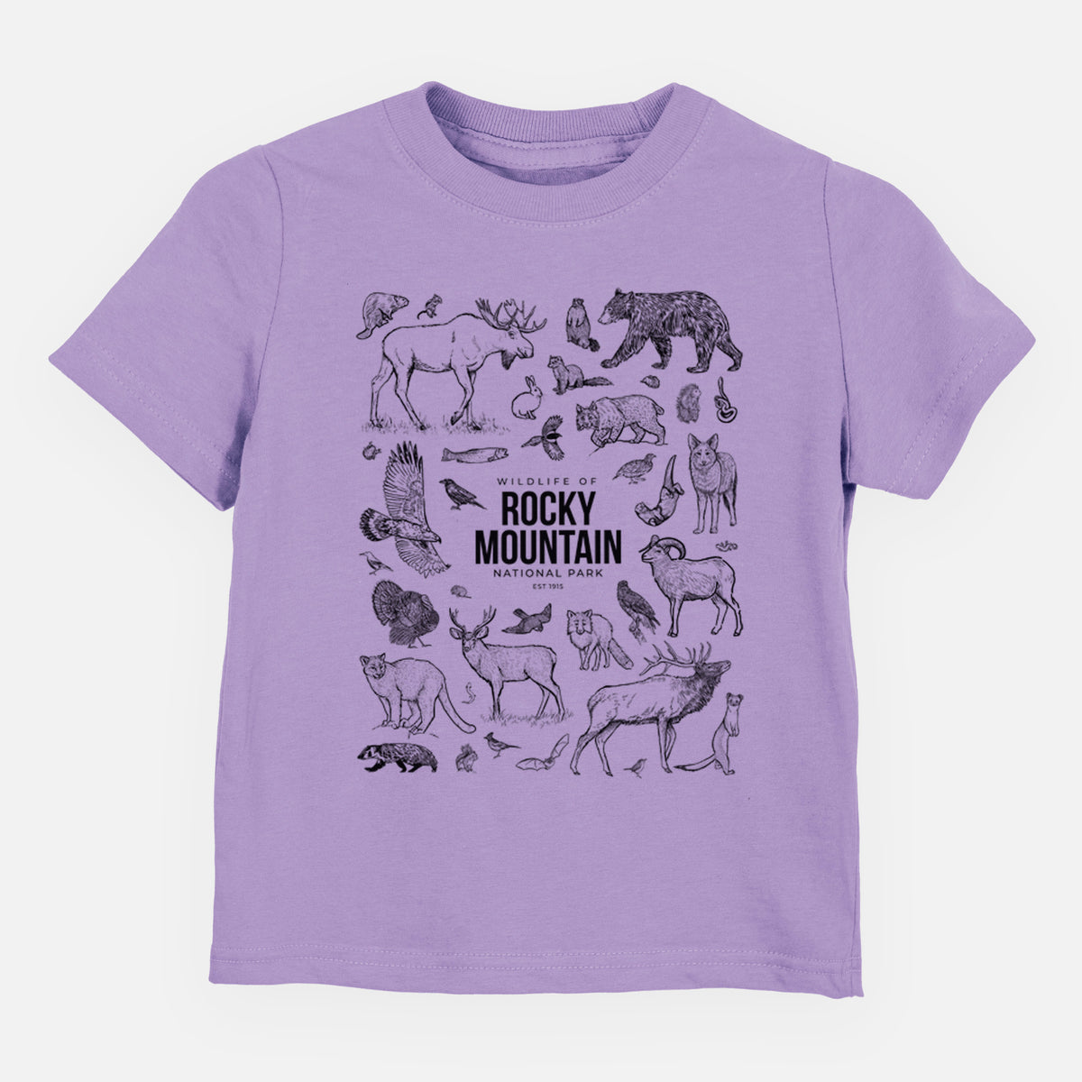 Lavender toddler t-shirt laid flat, printed with a collection of black ink wildlife illustrations surrounding the words Rocky Mountain National Park.