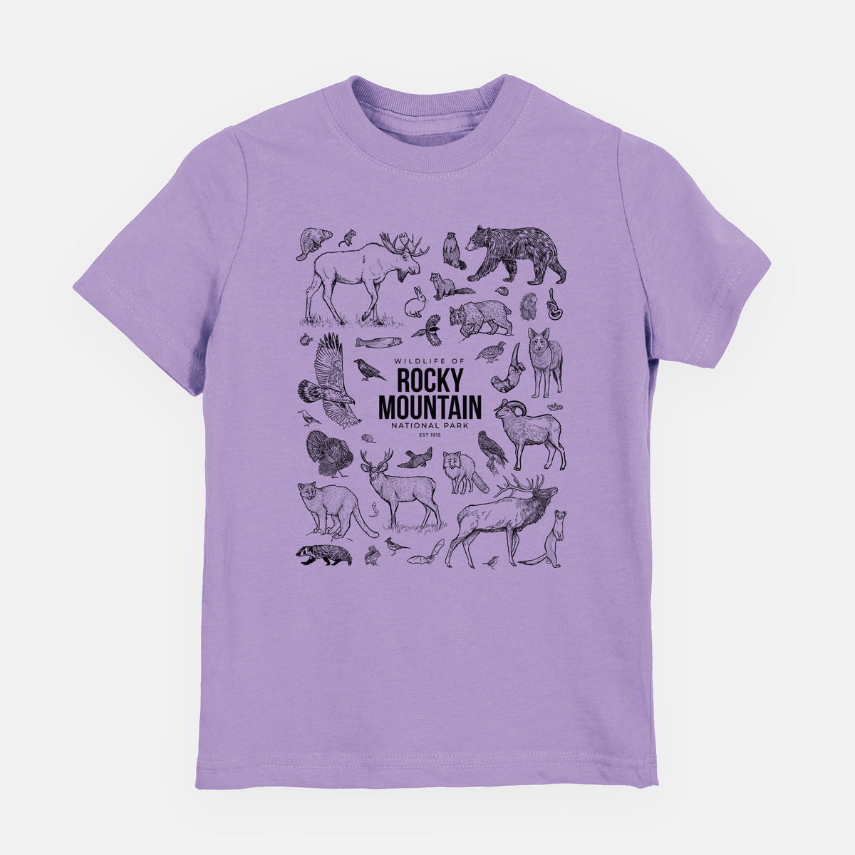 Lavender youth t-shirt laid flat, printed with a collection of black ink wildlife illustrations surrounding the words Rocky Mountain National Park.