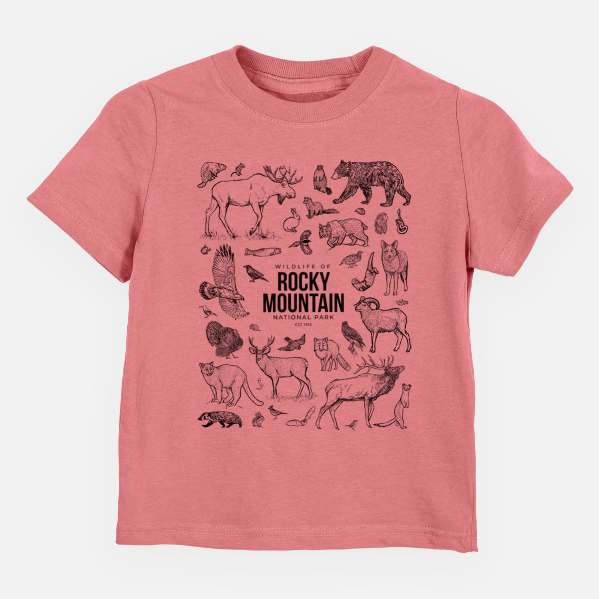 Mauve pink toddler t-shirt laid flat, printed with a collection of black ink wildlife illustrations surrounding the words Rocky Mountain National Park.