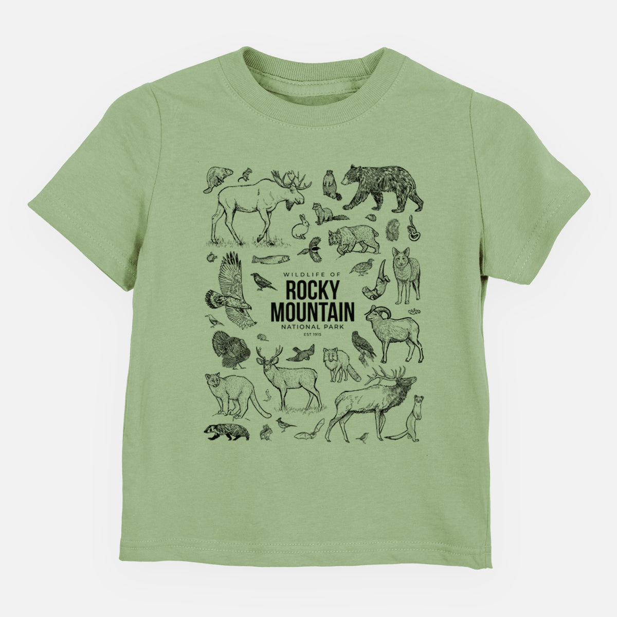 Sage green toddler t-shirt laid flat, printed with a collection of black ink wildlife illustrations surrounding the words Rocky Mountain National Park.