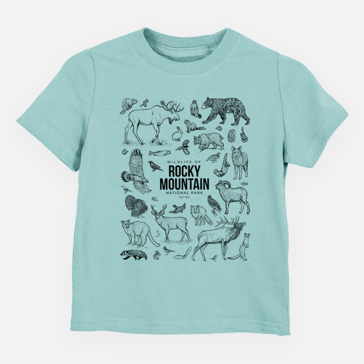 Saltwater toddler t-shirt laid flat, printed with a collection of black ink wildlife illustrations surrounding the words Rocky Mountain National Park.