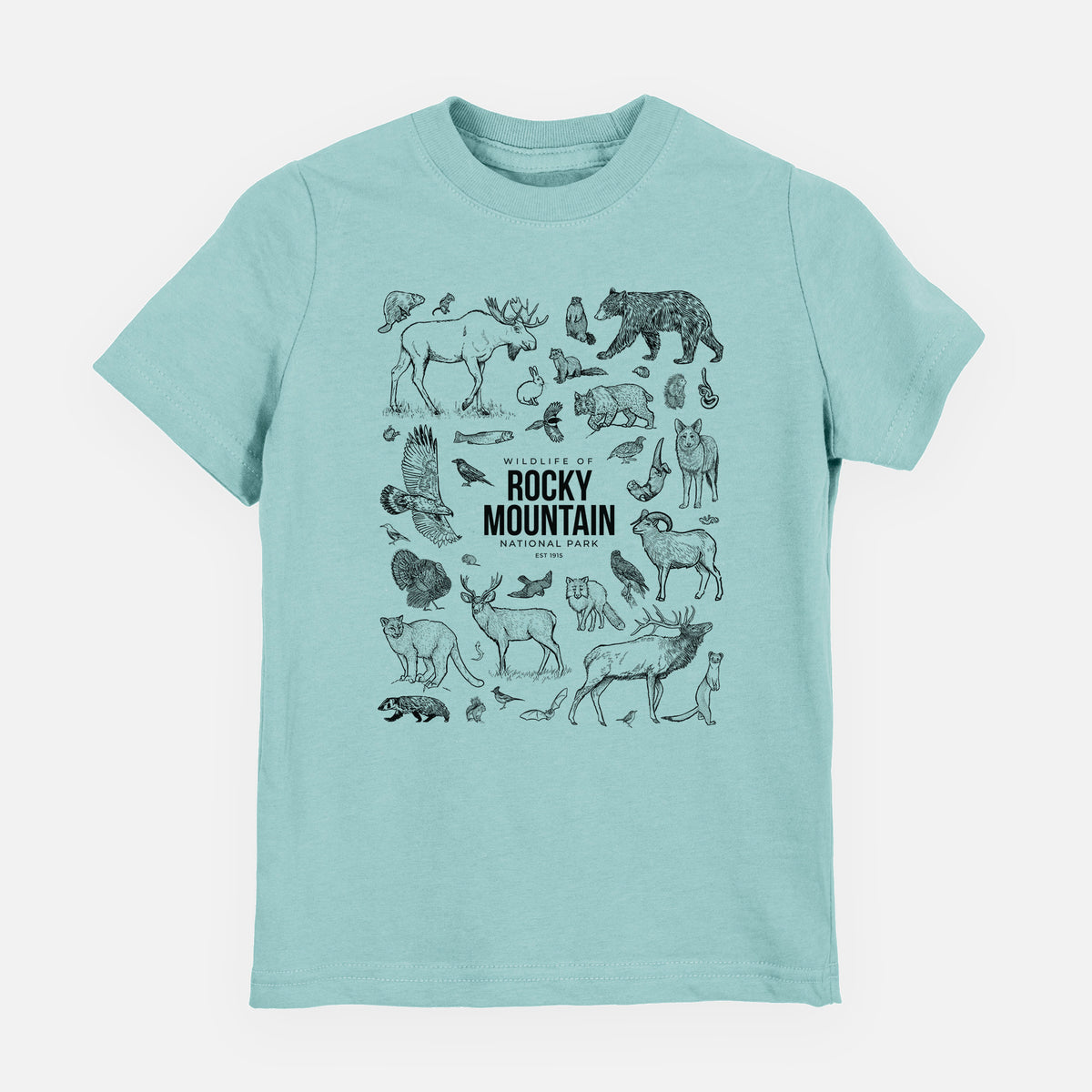 Saltwater youth t-shirt laid flat, printed with a collection of black ink wildlife illustrations surrounding the words Rocky Mountain National Park.