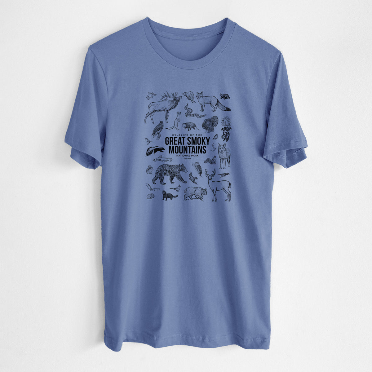 Blue bell lightweight cotton t-shirt laid flat, printed with a collection of black ink wildlife illustrations surrounding the words Great Smoky Mountains National Park.