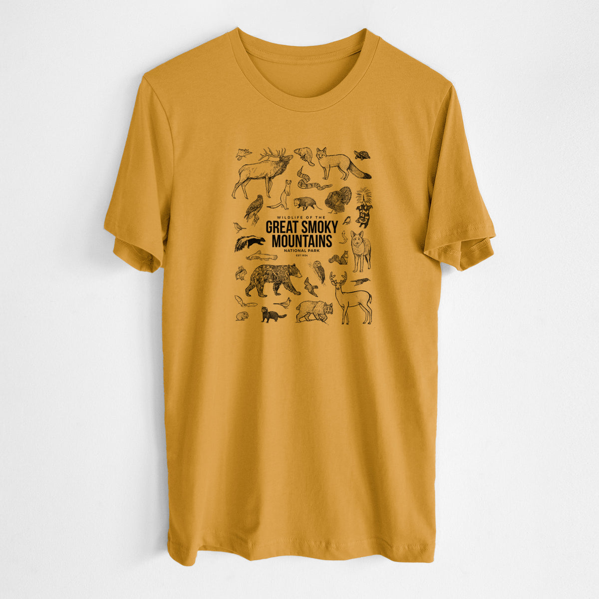 Honeycomb yellow lightweight cotton t-shirt laid flat, printed with a collection of black ink wildlife illustrations surrounding the words Great Smoky Mountains National Park.