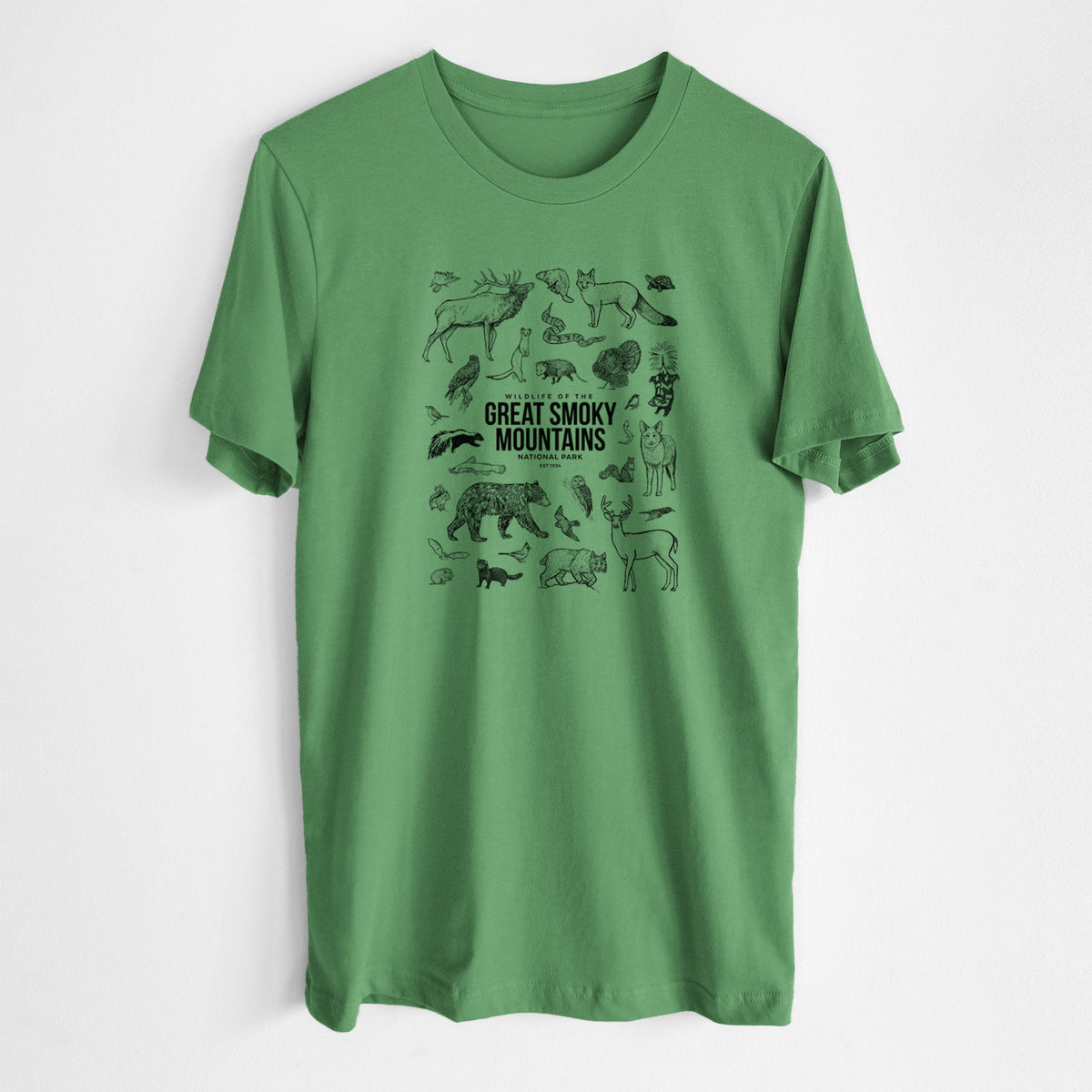 Leaf green lightweight cotton t-shirt laid flat, printed with a collection of black ink wildlife illustrations surrounding the words Great Smoky Mountains National Park.
