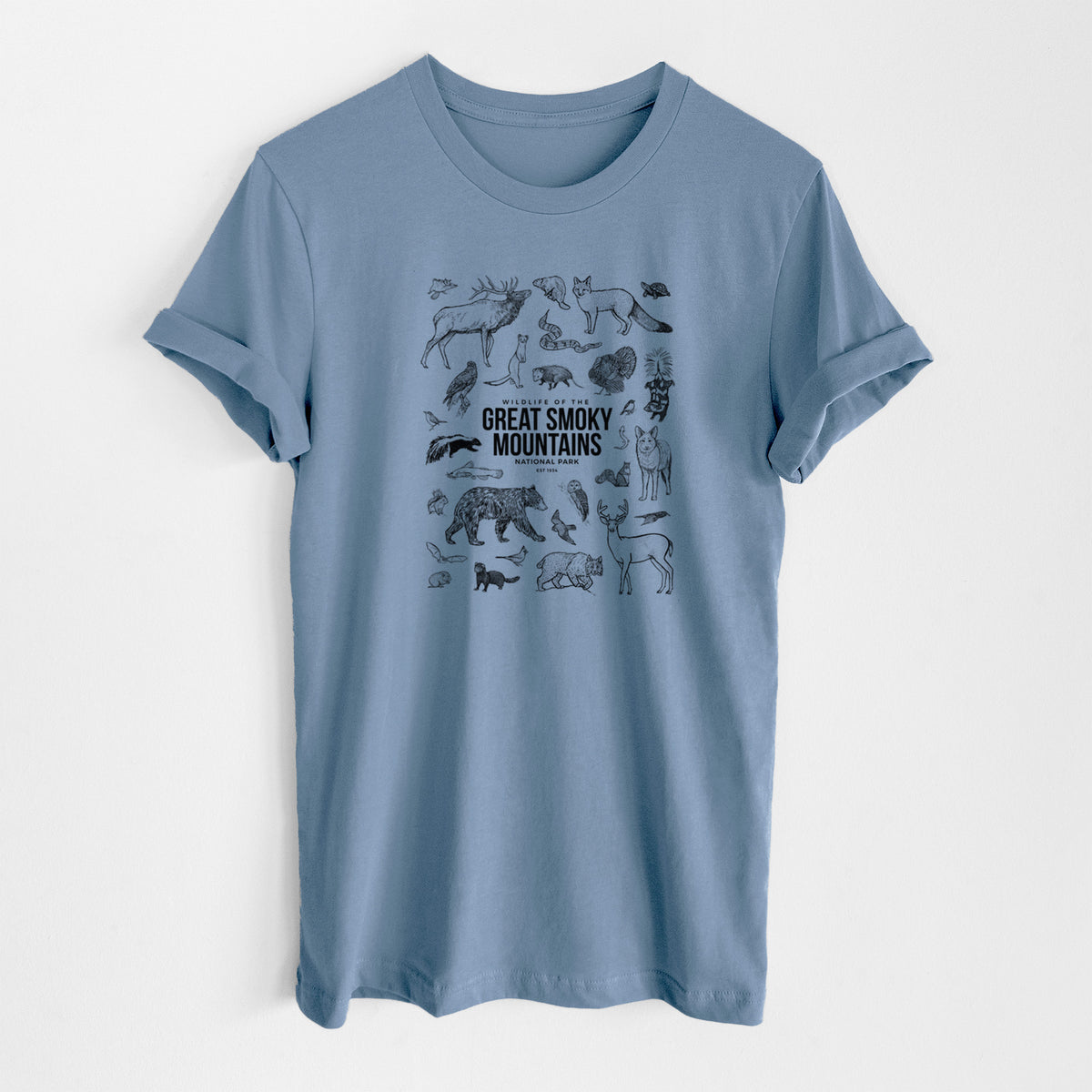 Steel blue lightweight cotton t-shirt laid flat, printed with a collection of black ink wildlife illustrations surrounding the words Great Smoky Mountains National Park.
