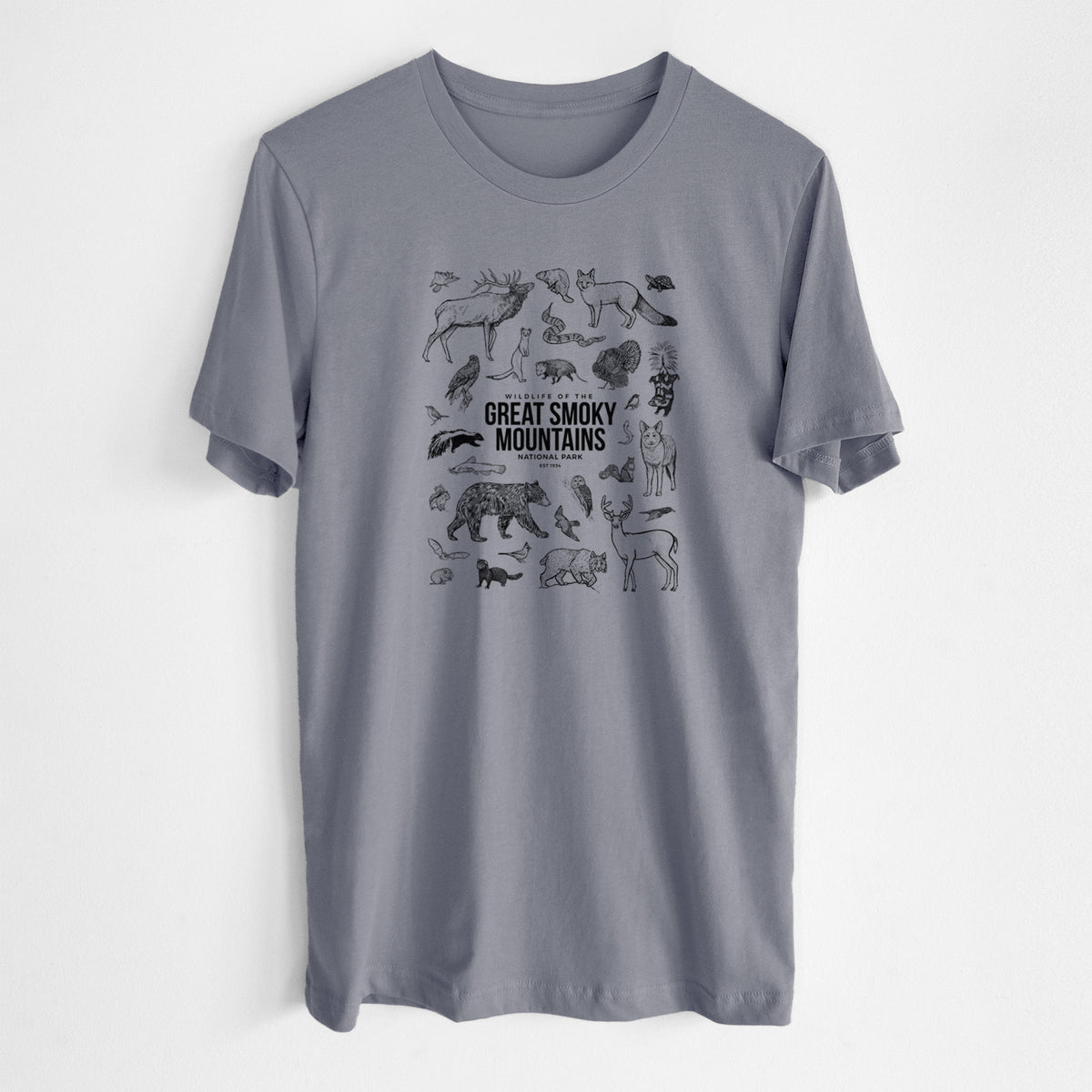 Storm grey lightweight cotton t-shirt laid flat, printed with a collection of black ink wildlife illustrations surrounding the words Great Smoky Mountains National Park.