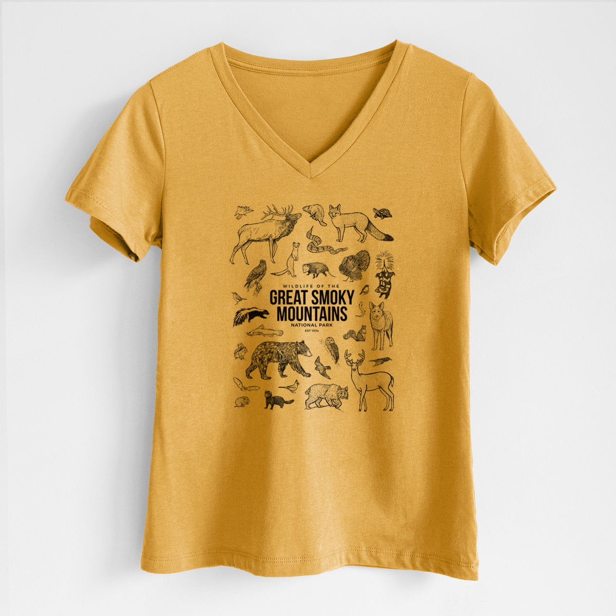 Honeycomb yellow women's relaxed fit cotton V-neck t-shirt laid flat, printed with a collection of black ink wildlife illustrations surrounding the words Great Smoky Mountains National Park.