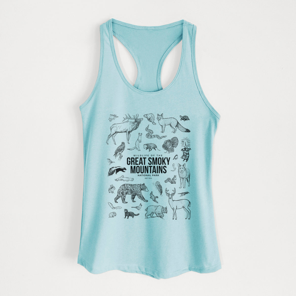 Cancun blue women's racerback tank top laid flat, printed with a collection of black ink wildlife illustrations surrounding the words Great Smoky Mountains National Park.