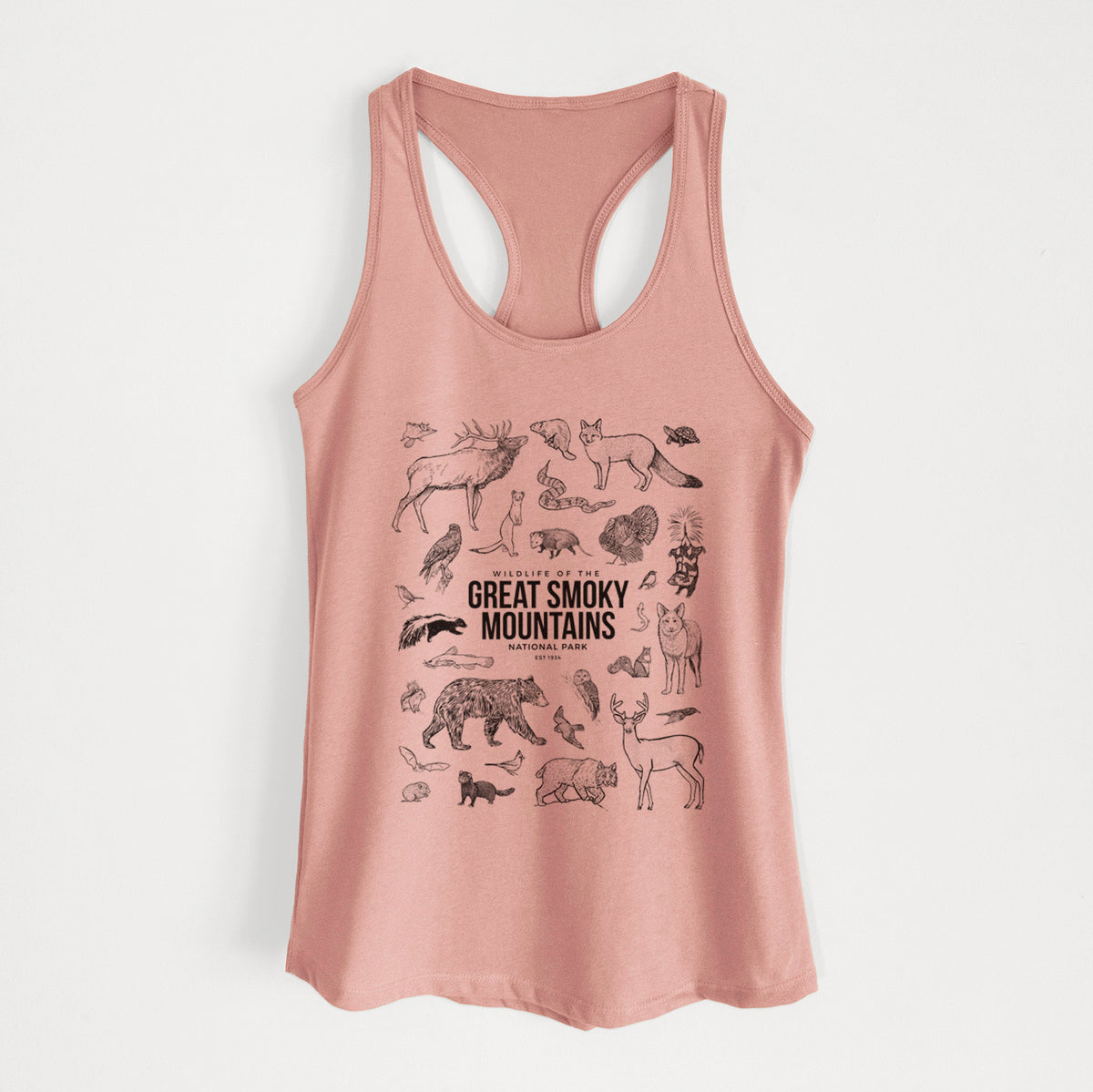 Desert pink women's racerback tank top laid flat, printed with a collection of black ink wildlife illustrations surrounding the words Great Smoky Mountains National Park.