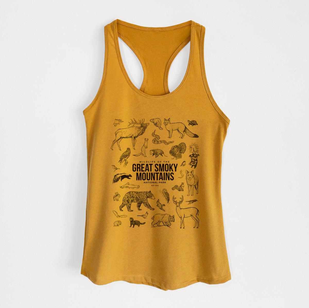 Gold women's racerback tank top laid flat, printed with a collection of black ink wildlife illustrations surrounding the words Great Smoky Mountains National Park.