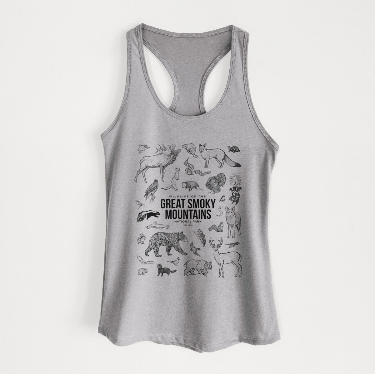 Heather grey women's racerback tank top laid flat, printed with a collection of black ink wildlife illustrations surrounding the words Great Smoky Mountains National Park.
