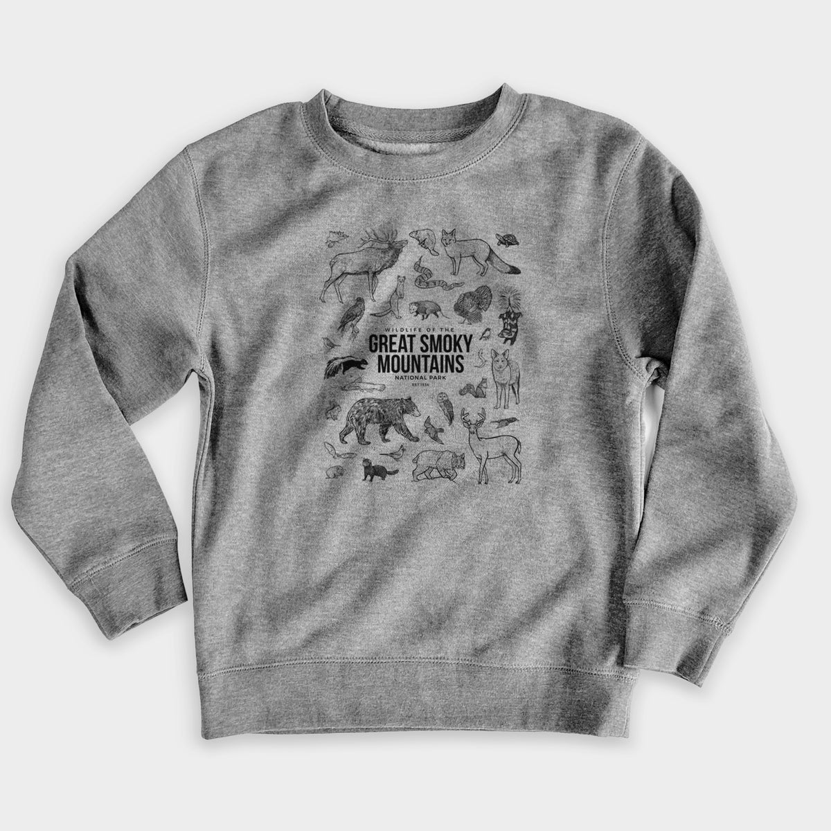 Nickel grey youth crewneck sweatshirt laid flat, printed with a collection of black ink wildlife illustrations surrounding the words Great Smoky Mountains National Park.