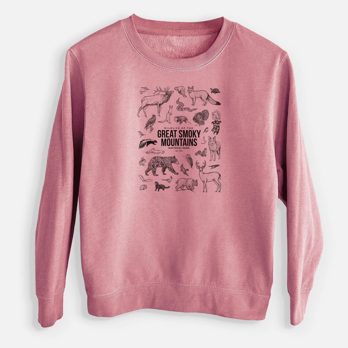 Mauve pink youth crewneck sweatshirt laid flat, printed with a collection of black ink wildlife illustrations surrounding the words Great Smoky Mountains National Park.