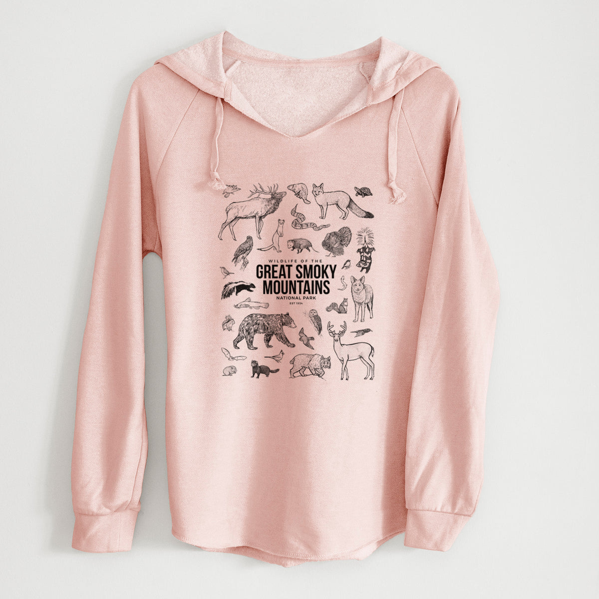 Blush pink women's Cali Wave hooded sweatshirt laid flat, printed with a collection of black ink wildlife illustrations surrounding the words Great Smoky Mountains National Park.