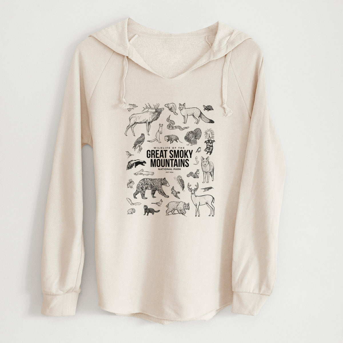 Bone cream women's Cali Wave hooded sweatshirt laid flat, printed with a collection of black ink wildlife illustrations surrounding the words Great Smoky Mountains National Park.