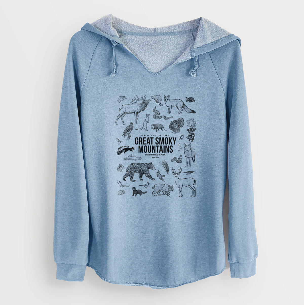 Misty blue women's Cali Wave hooded sweatshirt laid flat, printed with a collection of black ink wildlife illustrations surrounding the words Great Smoky Mountains National Park.