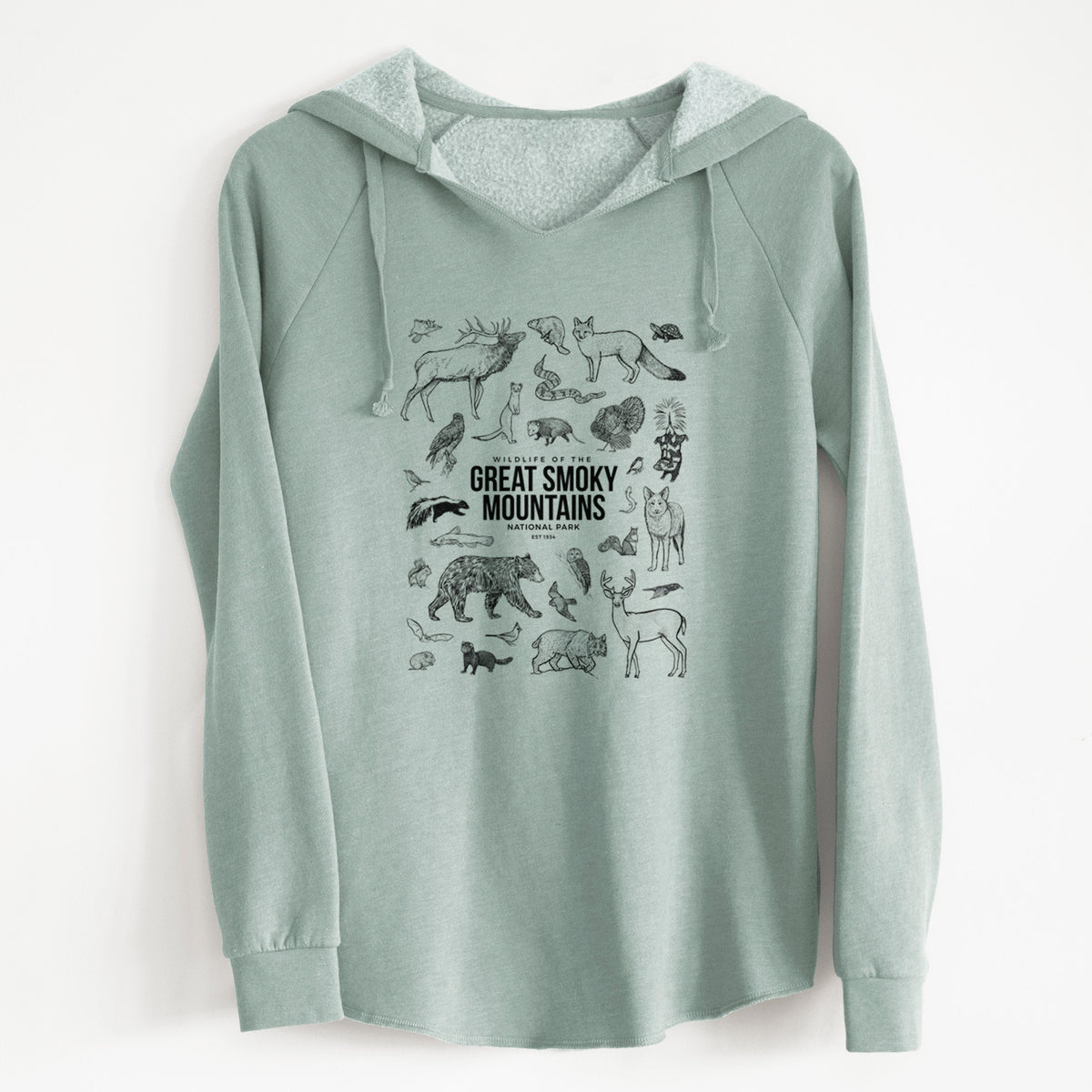 Sage green women's Cali Wave hooded sweatshirt laid flat, printed with a collection of black ink wildlife illustrations surrounding the words Great Smoky Mountains National Park.
