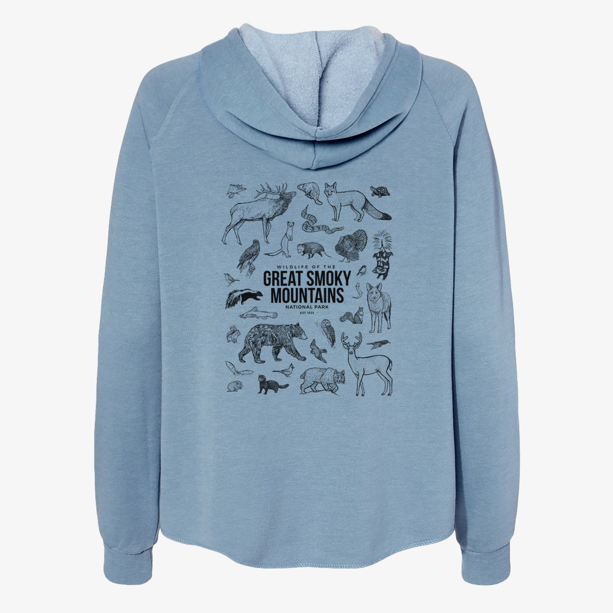 Misty blue women's Cali Wave zip-up sweatshirt laid flat, printed with a collection of black ink wildlife illustrations surrounding the words Great Smoky Mountains National Park.