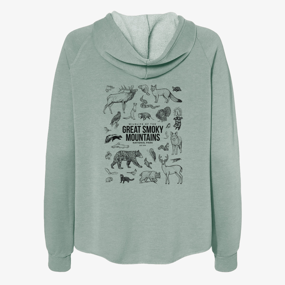 Sage green women's Cali Wave zip-up sweatshirt laid flat, printed with a collection of black ink wildlife illustrations surrounding the words Great Smoky Mountains National Park.