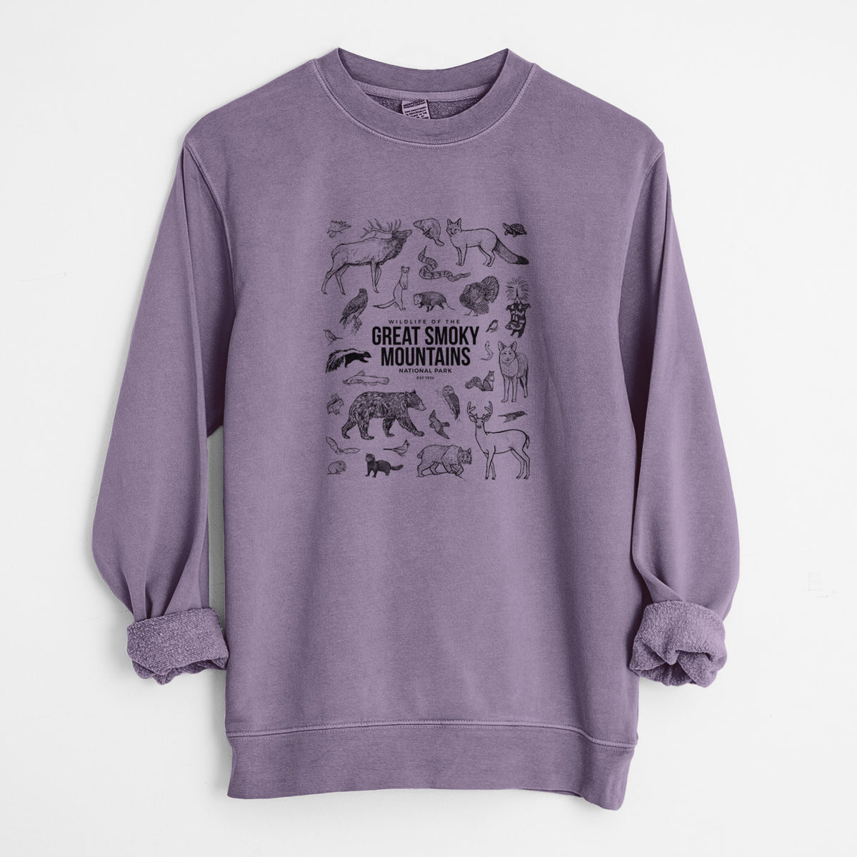 Wildlife of the Great Smoky Mountains National Park - Unisex Pigment Dyed Crew Sweatshirt in Plum