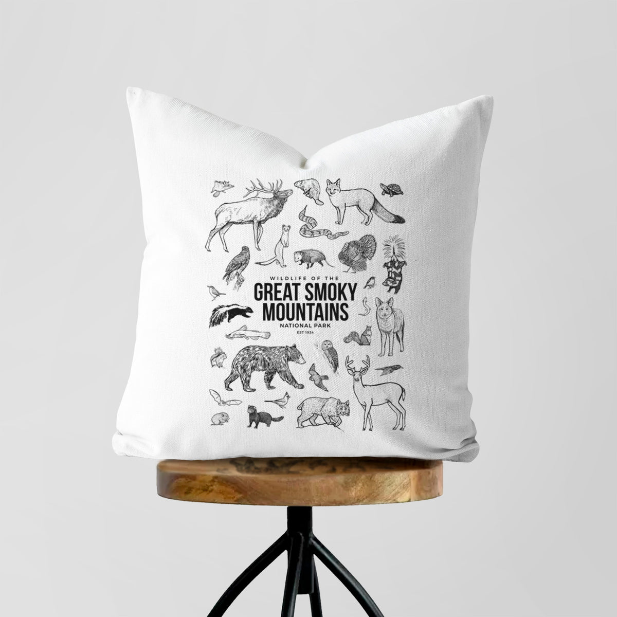 White pillow cover printed with a collection of black ink wildlife illustrations surrounding the words Great Smoky Mountains National Park, on a wooden stool.
