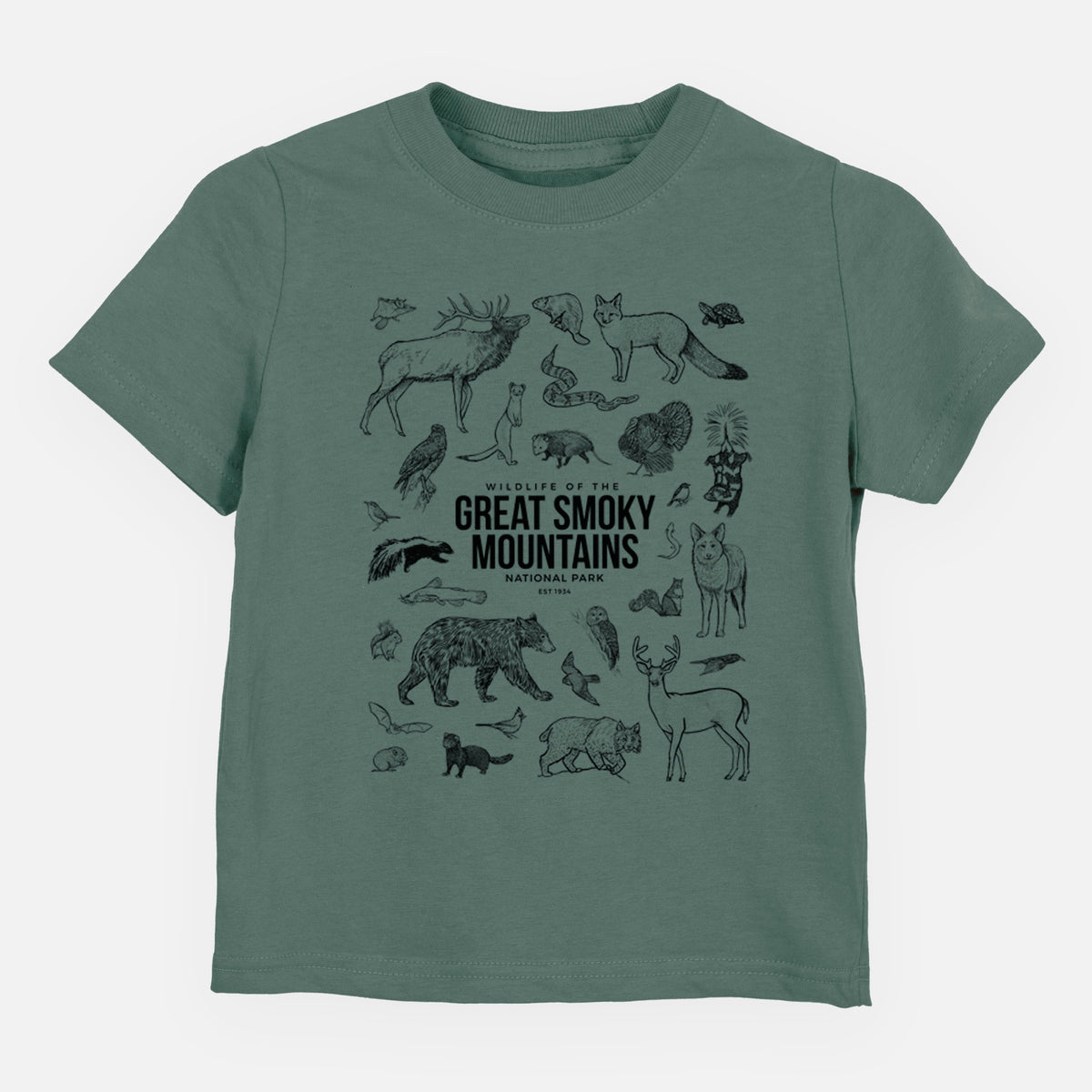 Basil green toddler t-shirt laid flat, printed with a collection of black ink wildlife illustrations surrounding the words Great Smoky Mountains National Park.