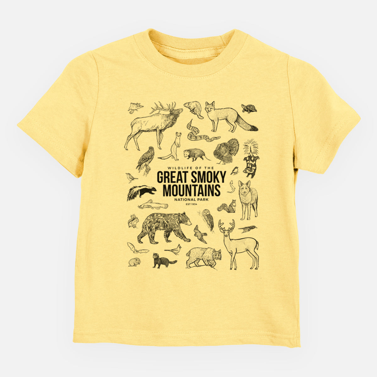 Butter yellow toddler t-shirt laid flat, printed with a collection of black ink wildlife illustrations surrounding the words Great Smoky Mountains National Park.