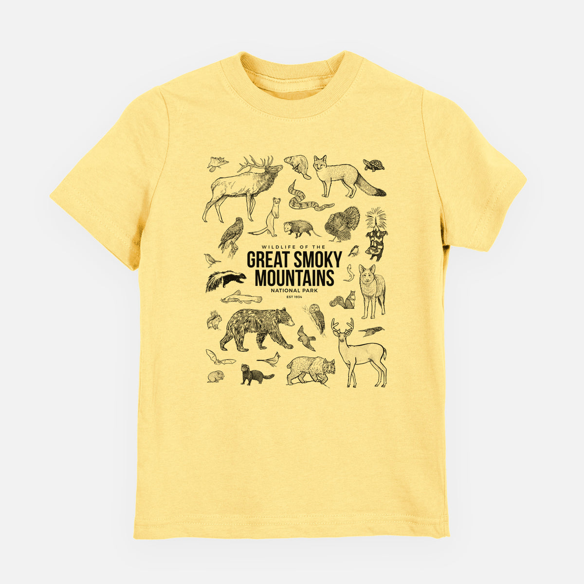 Butter yellow youth t-shirt laid flat, printed with a collection of black ink wildlife illustrations surrounding the words Great Smoky Mountains National Park.