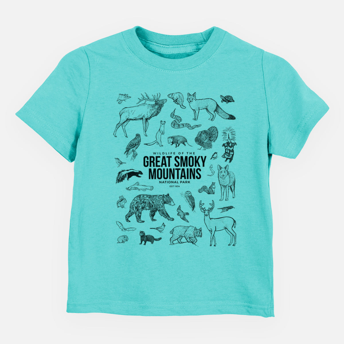 Caribbean blue toddler t-shirt laid flat, printed with a collection of black ink wildlife illustrations surrounding the words Great Smoky Mountains National Park.