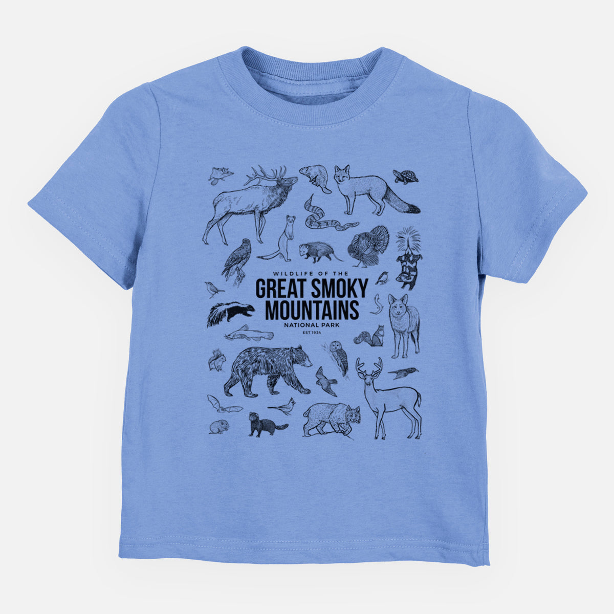 Carolina blue toddler t-shirt laid flat, printed with a collection of black ink wildlife illustrations surrounding the words Great Smoky Mountains National Park.